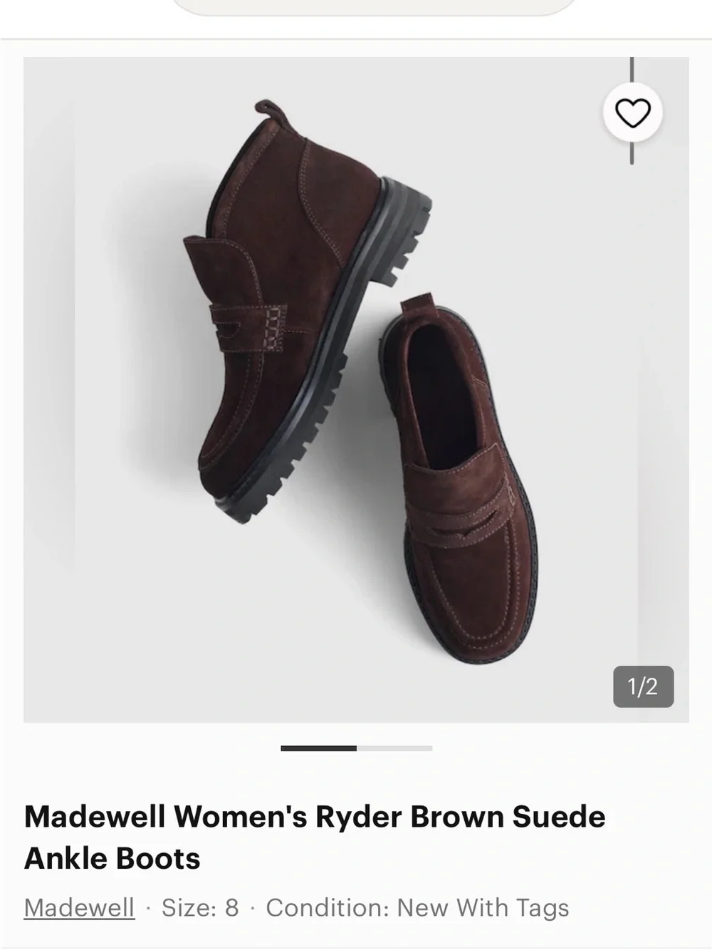 Madewell Dark Brown Ryder Suede Lug-Sole Ankle Loafers nWOT